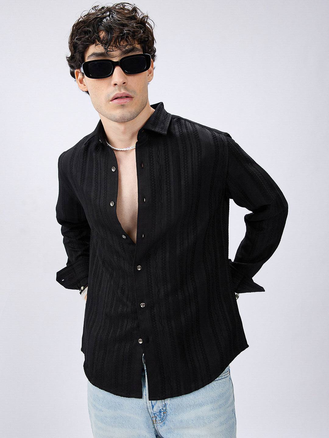 Black Artisan Woven Jacquard Striped Shirt Buy only at ₹759