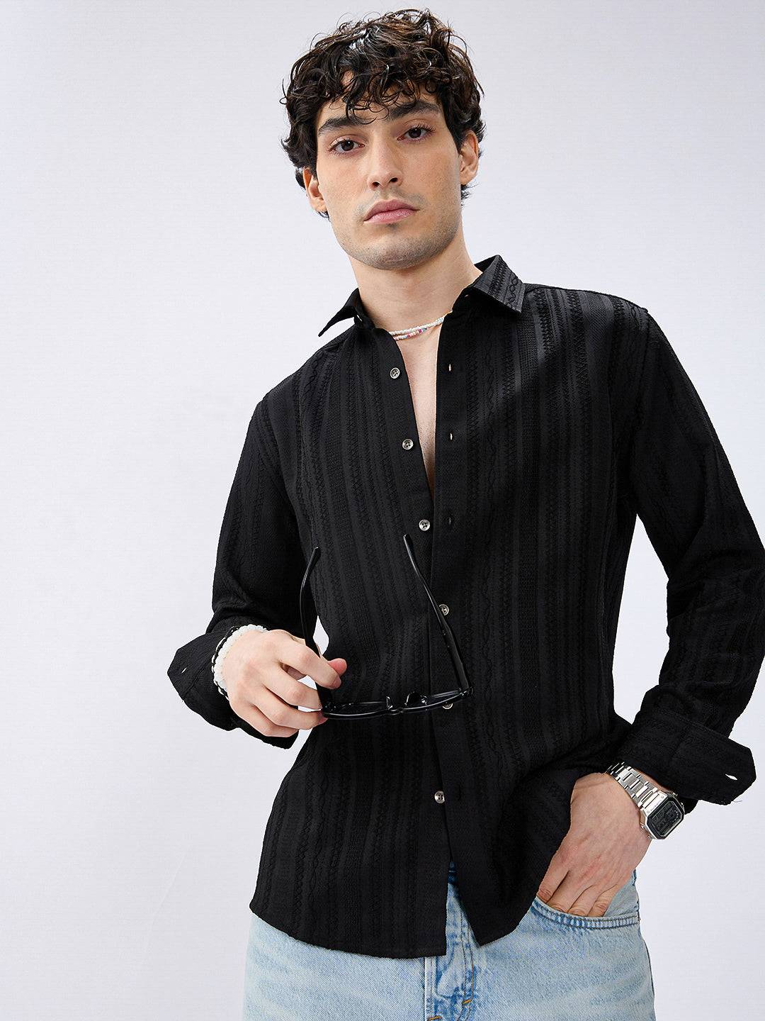 Black Artisan Woven Jacquard Striped Shirt Buy only at ₹759