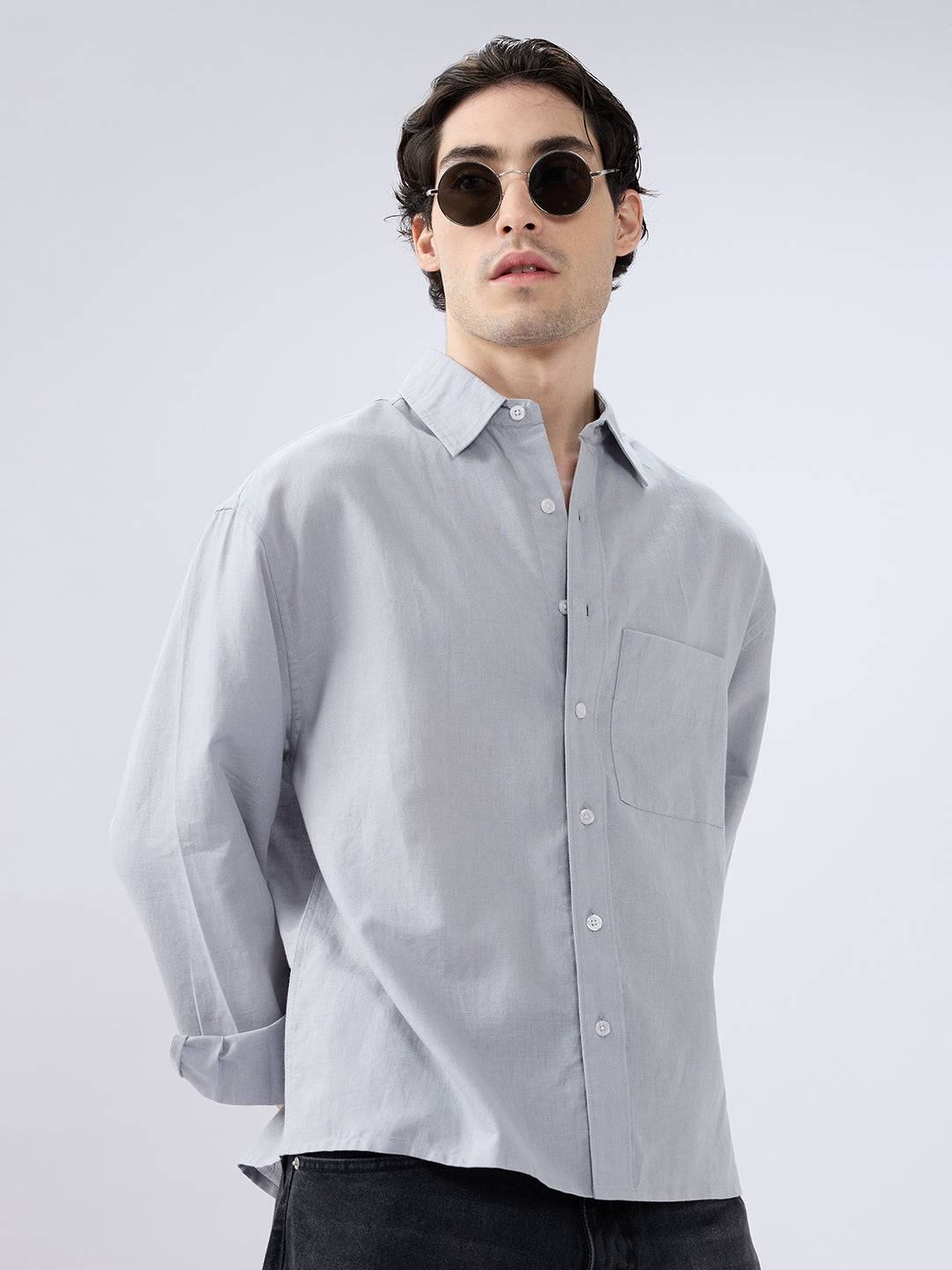 Grey Mood Subtle Slub Linen Boxy Fit Crop Shirt Buy only at ₹859