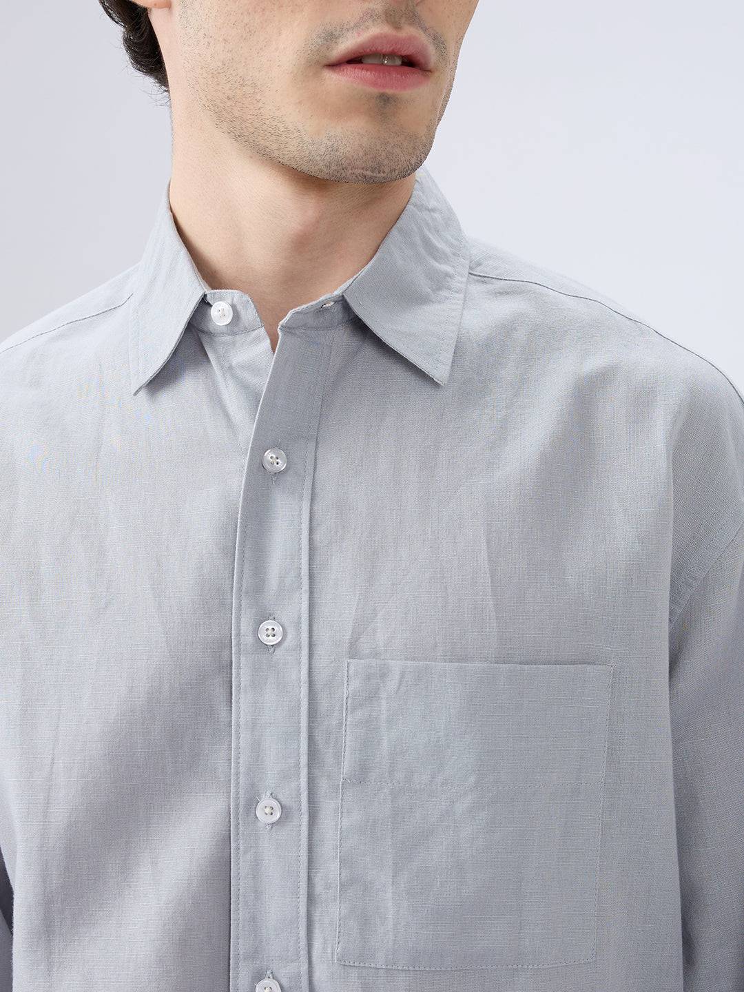 Grey Mood Subtle Slub Linen Boxy Fit Crop Shirt Buy only at ₹859