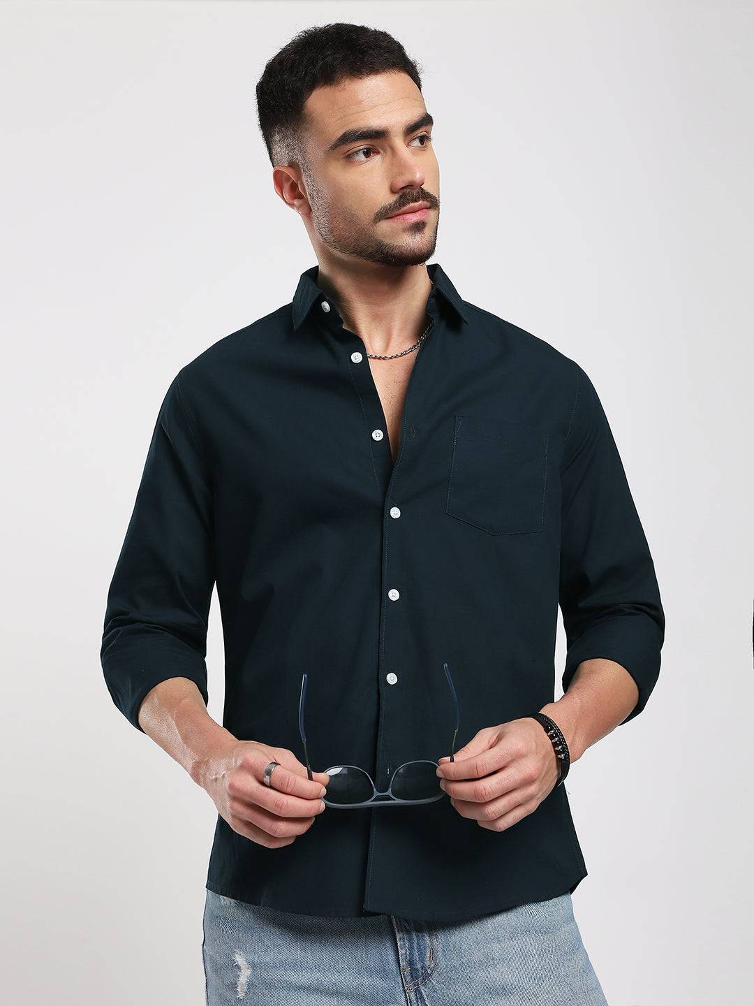 Sleek Navy Blue Poplin Shirt Buy only at ₹659