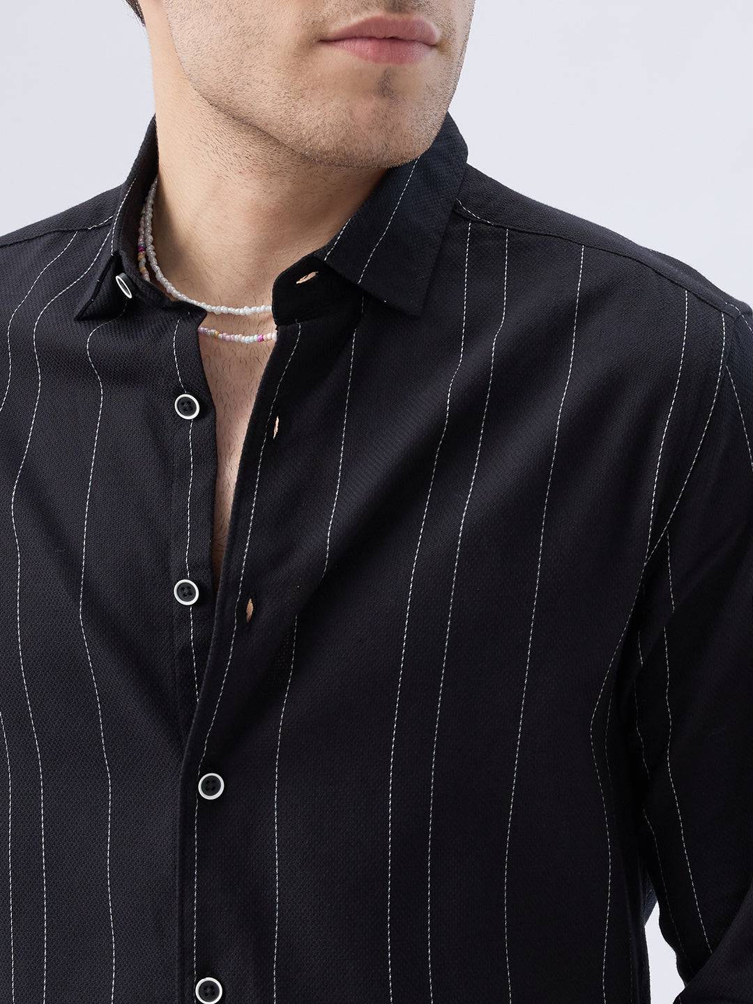 Black Contrast Stitch Vertical Striped Shirt Buy only at ₹799