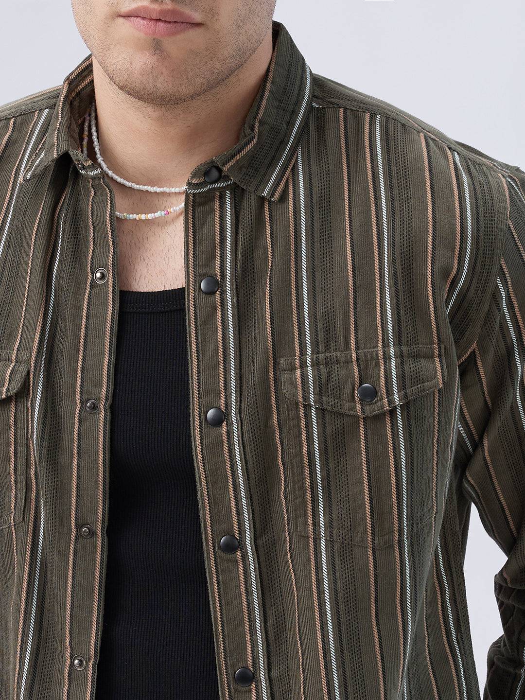 Forest Vibe Multi-Stripe Olive Twin Pocket Corduroy Shirt Buy only at ₹899