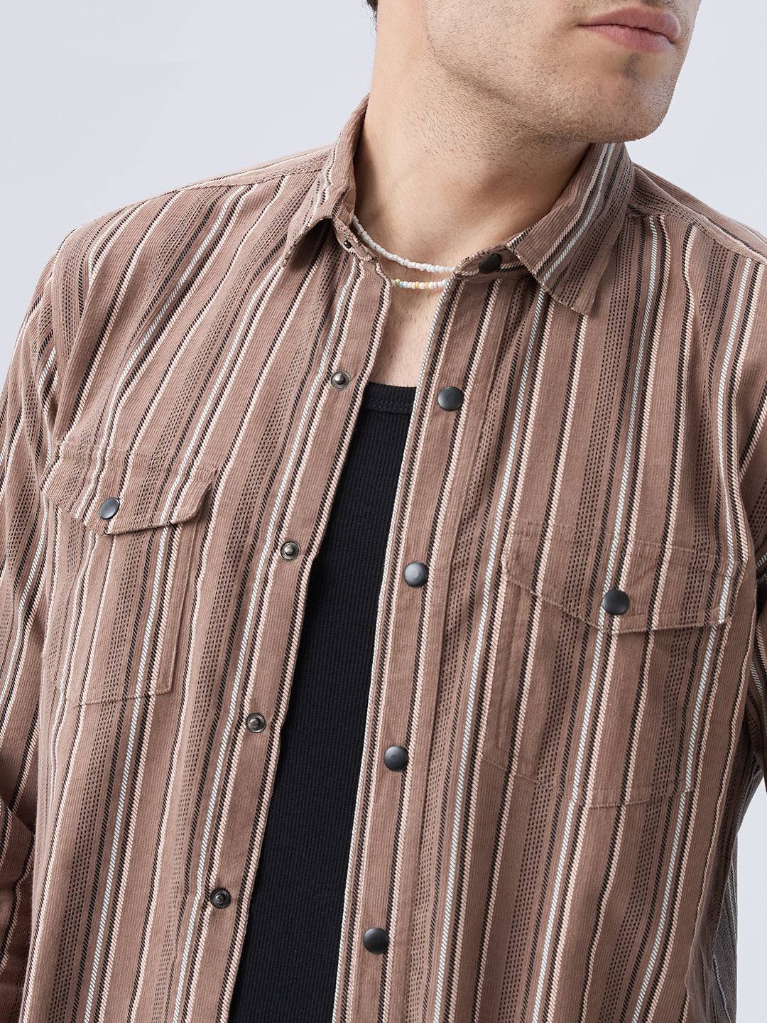 Rustic Bark Brown Multi-Stripe Twin Pocket Corduroy Shirt Buy only at ₹899