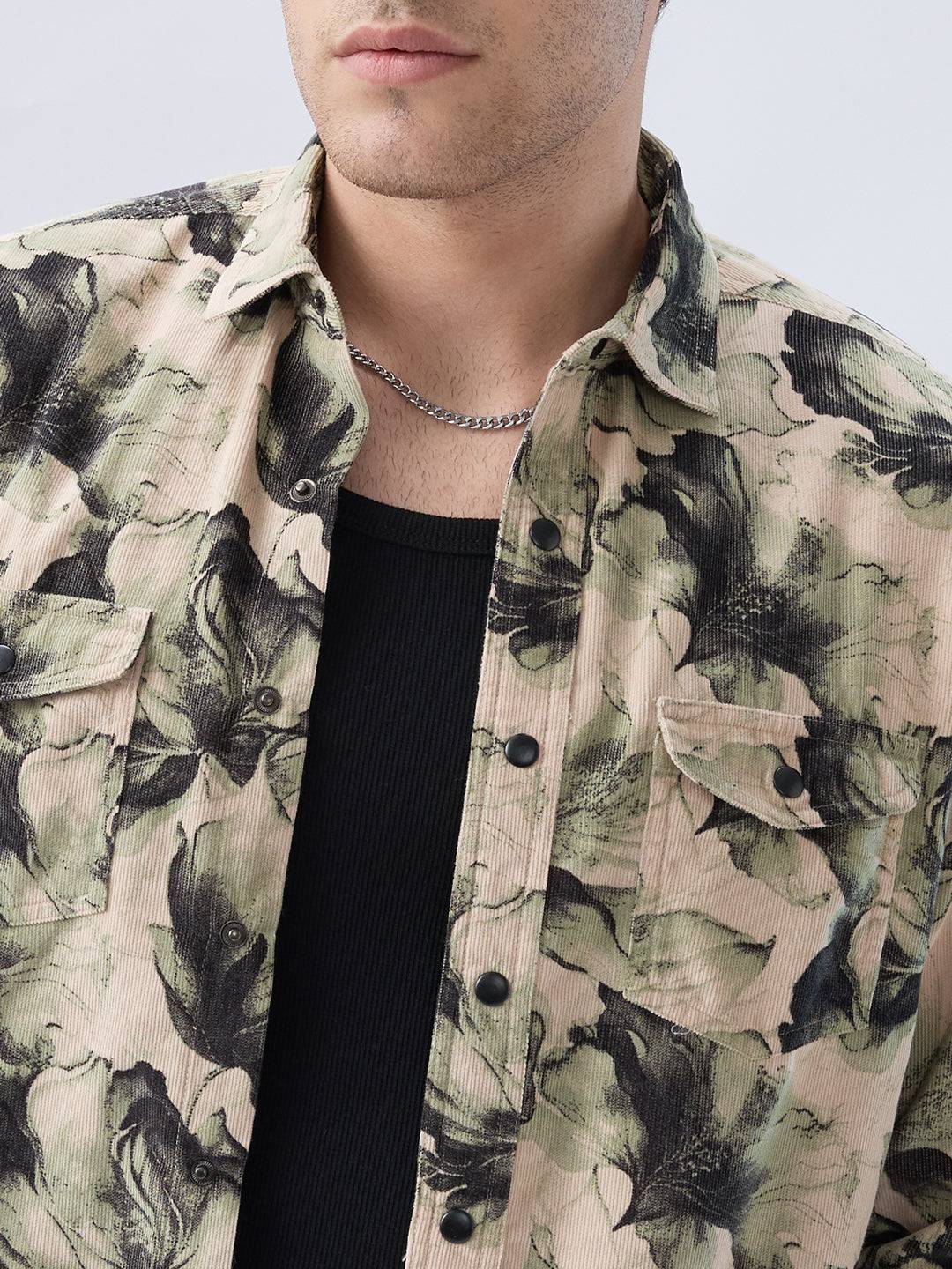Nature Inspired Abstract Printed Double Pocket Corduroy Shirt Buy only at ₹899