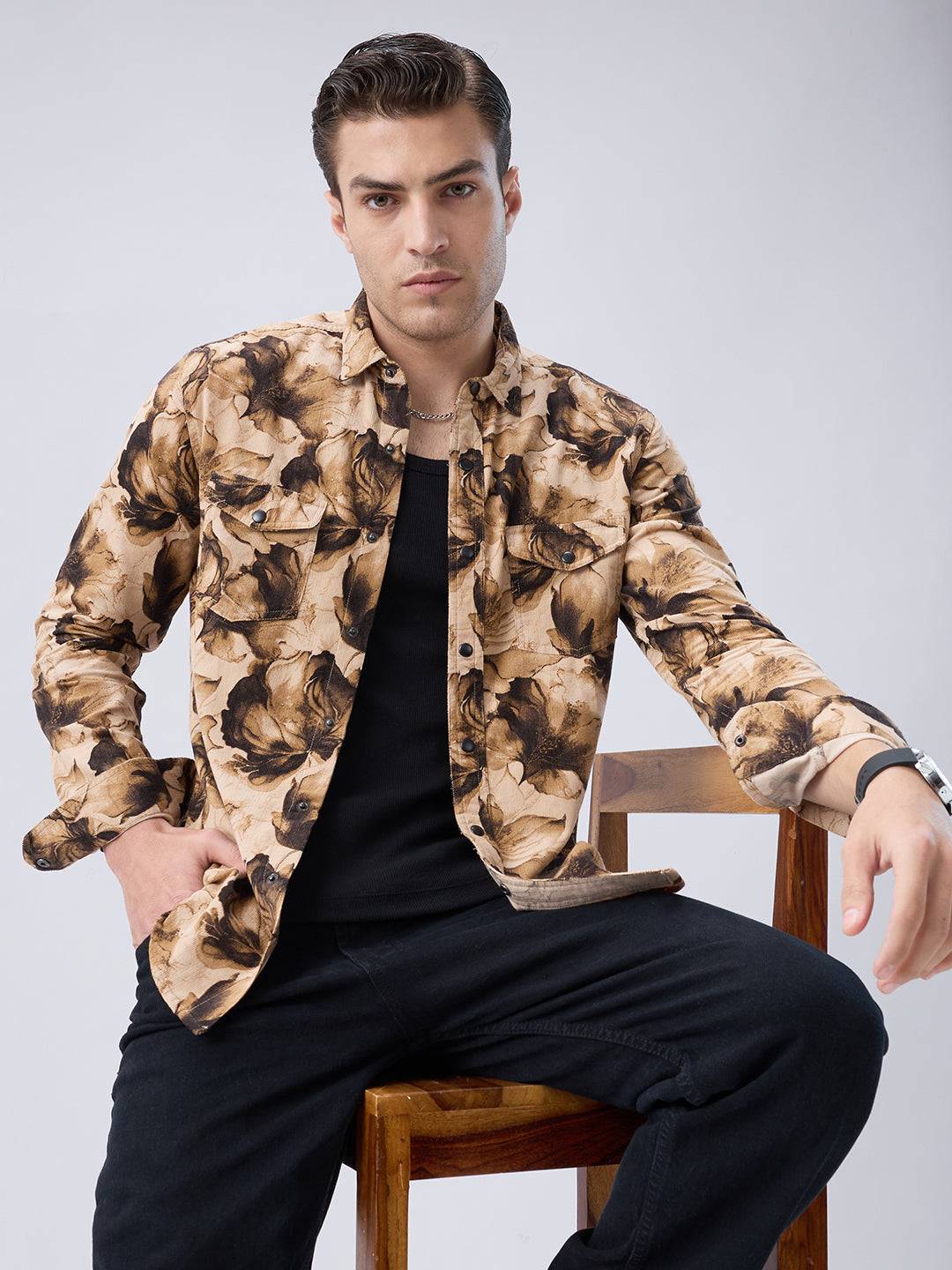 Rustic Beige Botanical Printed Double Pocket Corduroy Shirt Buy only at ₹899