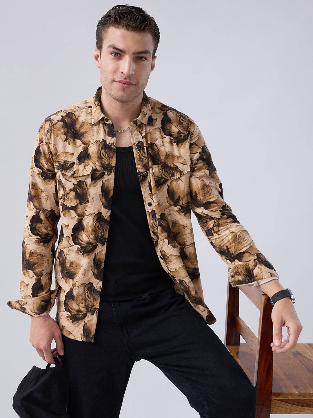 Rustic Beige Botanical Printed Double Pocket Corduroy Shirt Buy only at ₹899