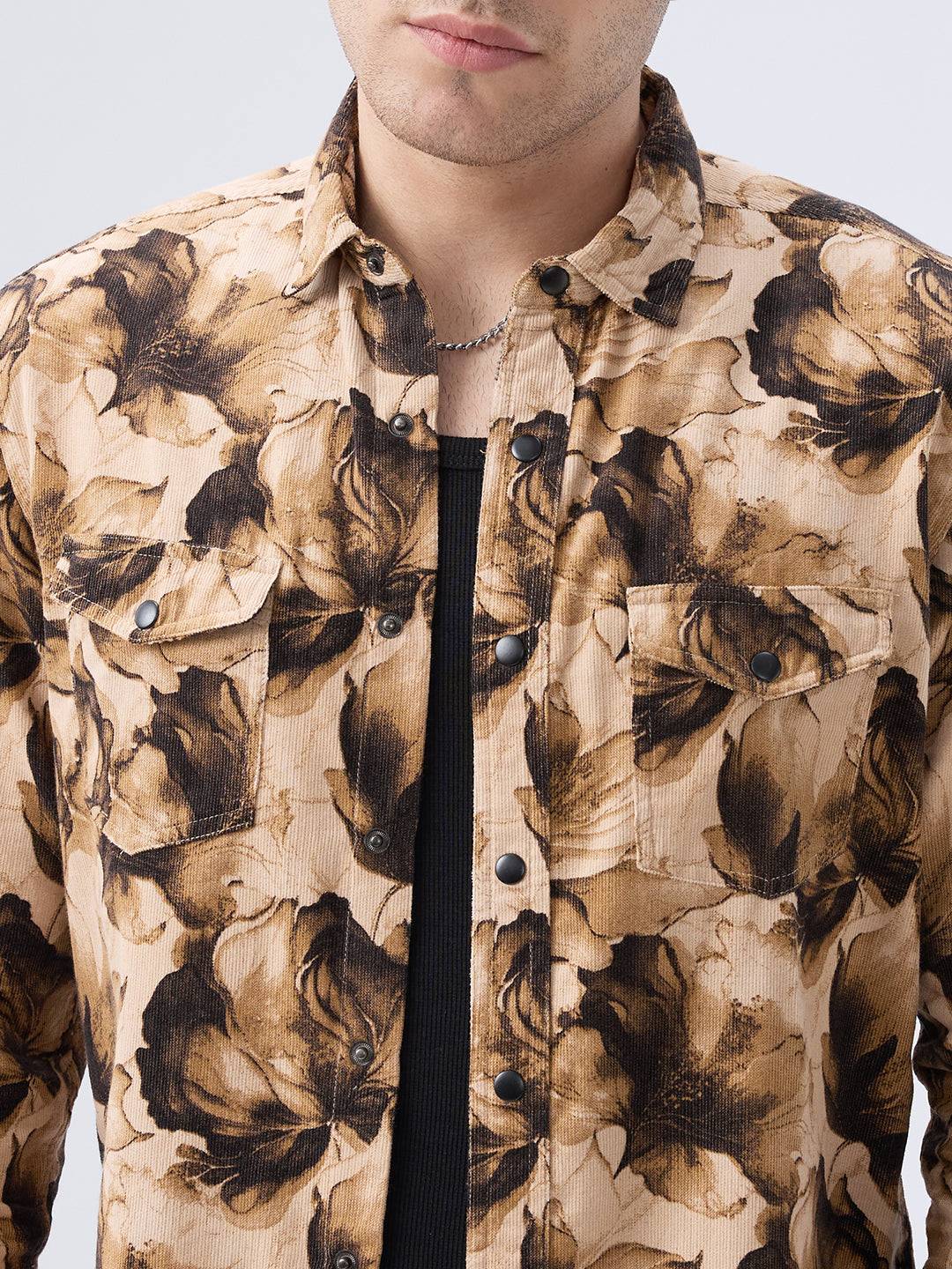 Rustic Beige Botanical Printed Double Pocket Corduroy Shirt Buy only at ₹899