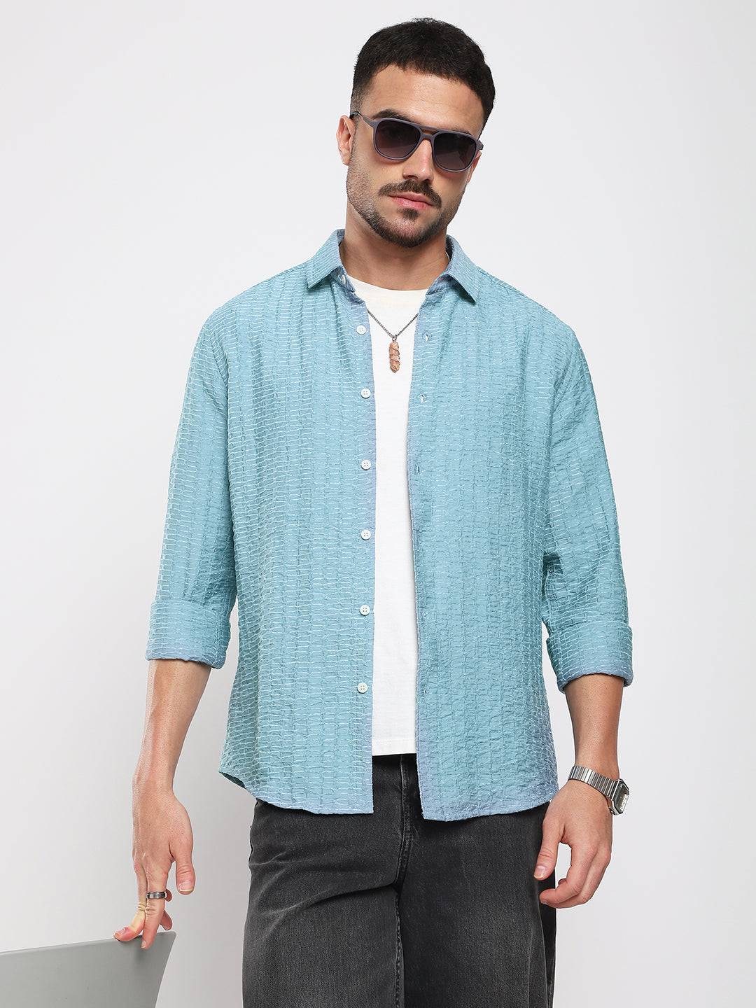 Crystal Wave Blue Horizontal Textured Shirt Buy only at ₹759