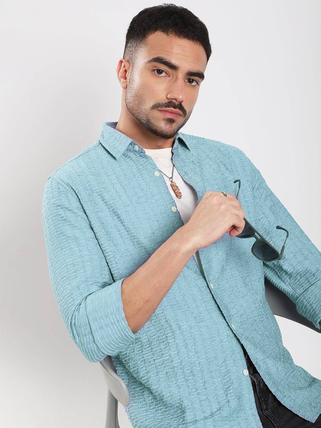 Crystal Wave Blue Horizontal Textured Shirt Buy only at ₹759