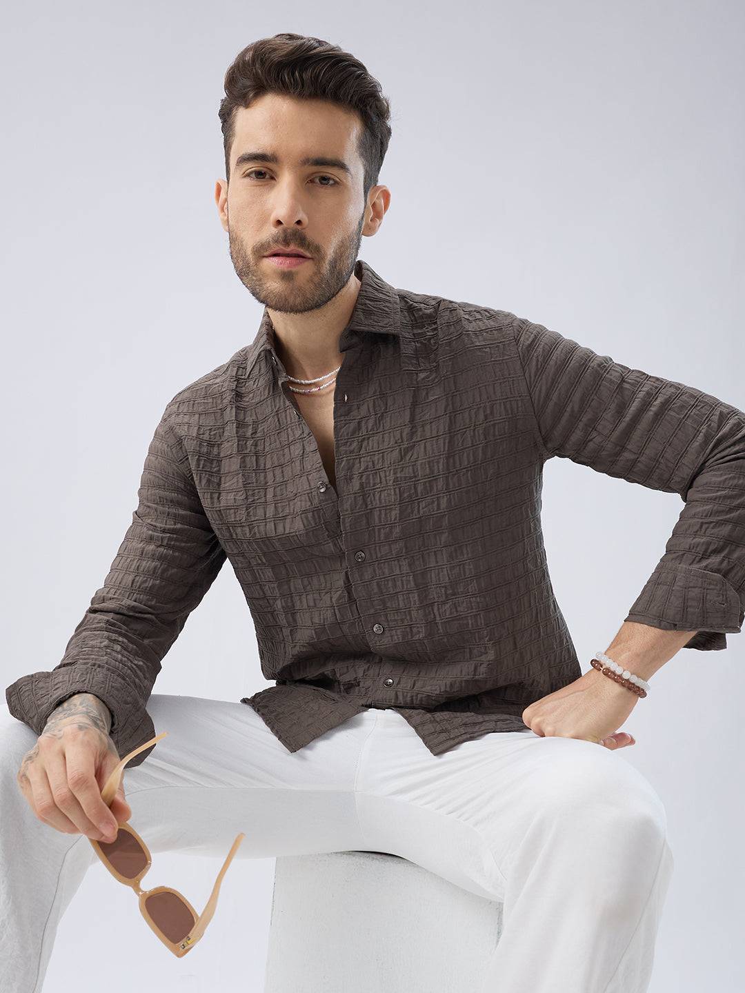 Ash Grey Striped Textured Crinkled Shirt Buy only at ₹759