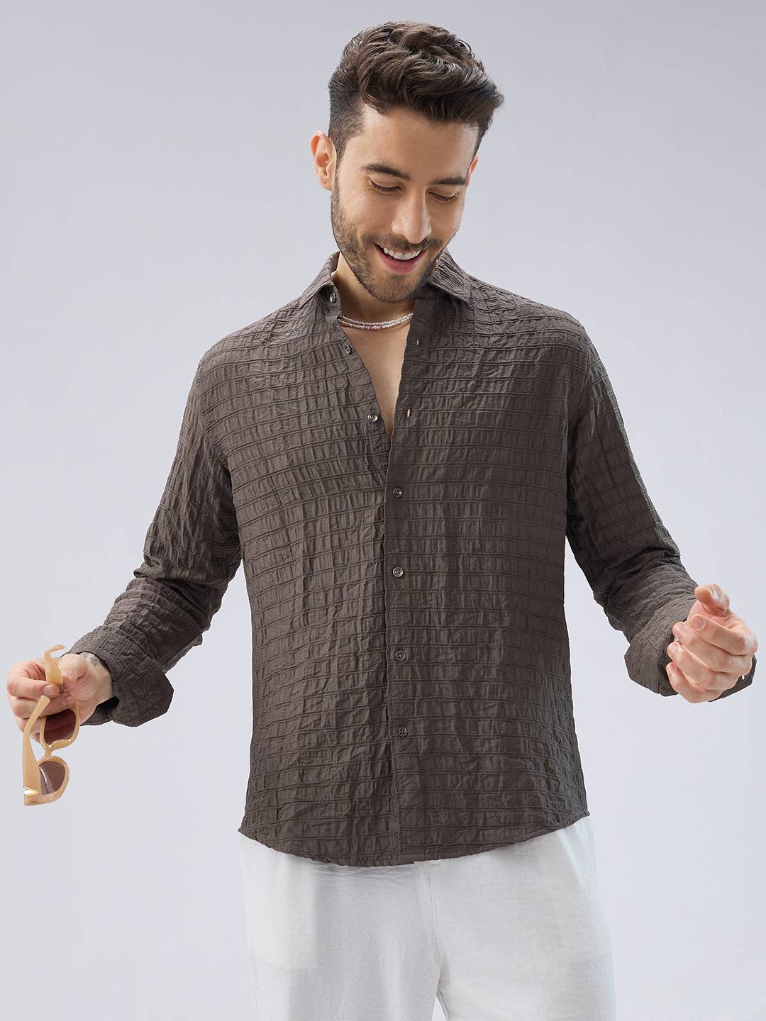 Ash Grey Striped Textured Crinkled Shirt Buy only at ₹759