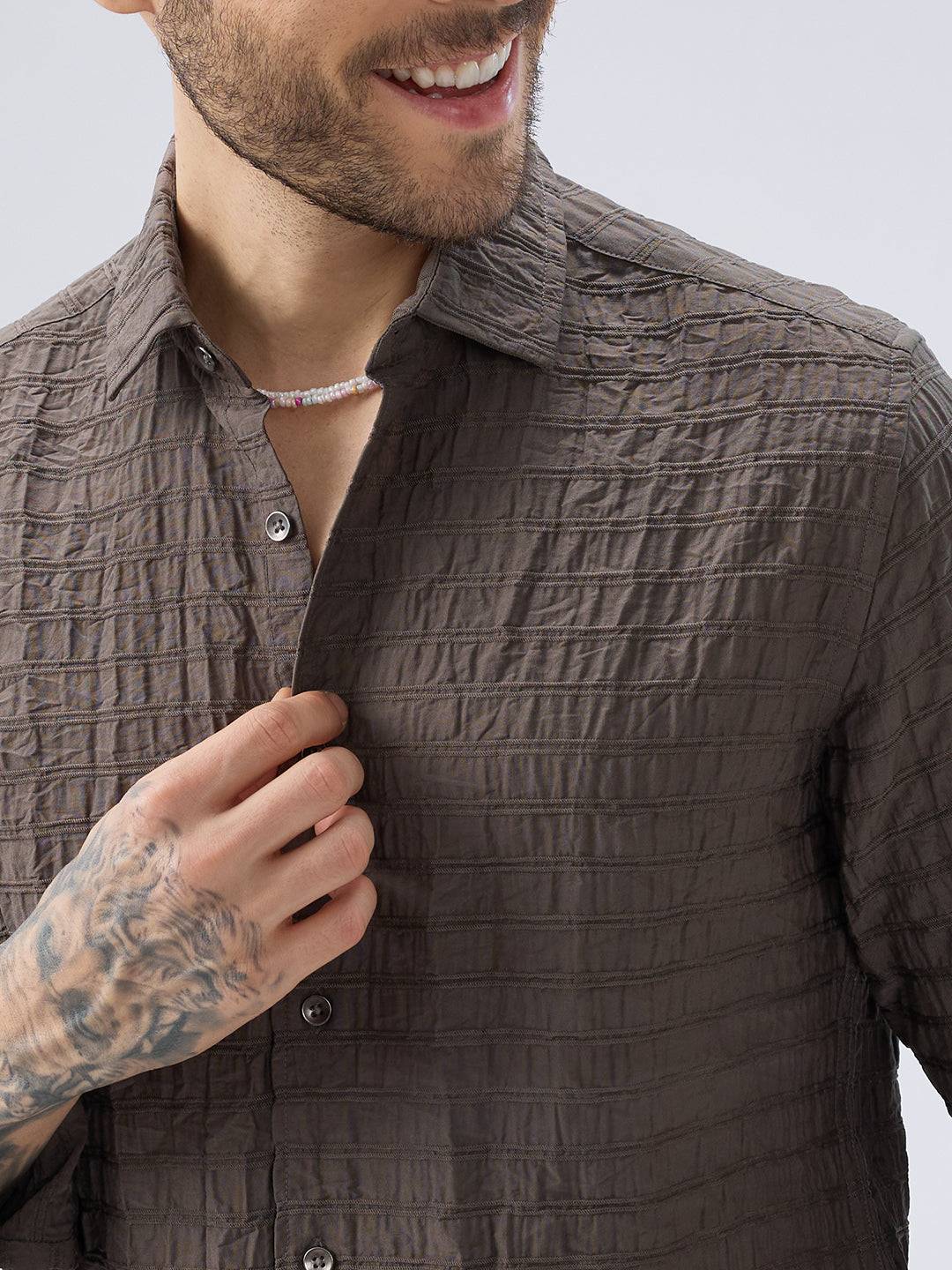 Ash Grey Striped Textured Crinkled Shirt Buy only at ₹759