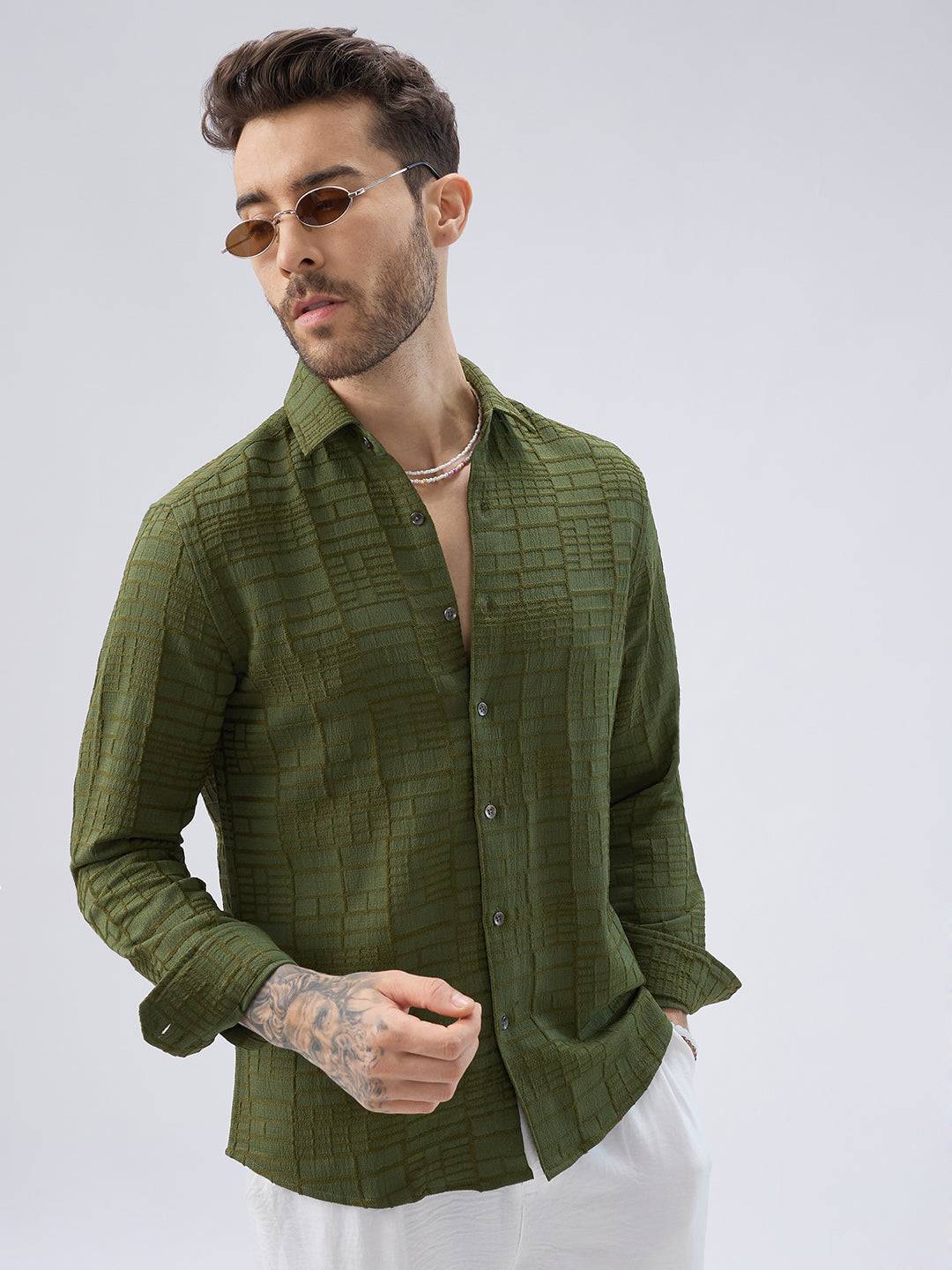 Moss Green Architectural Jacquard Weave Shirt Buy only at ₹759