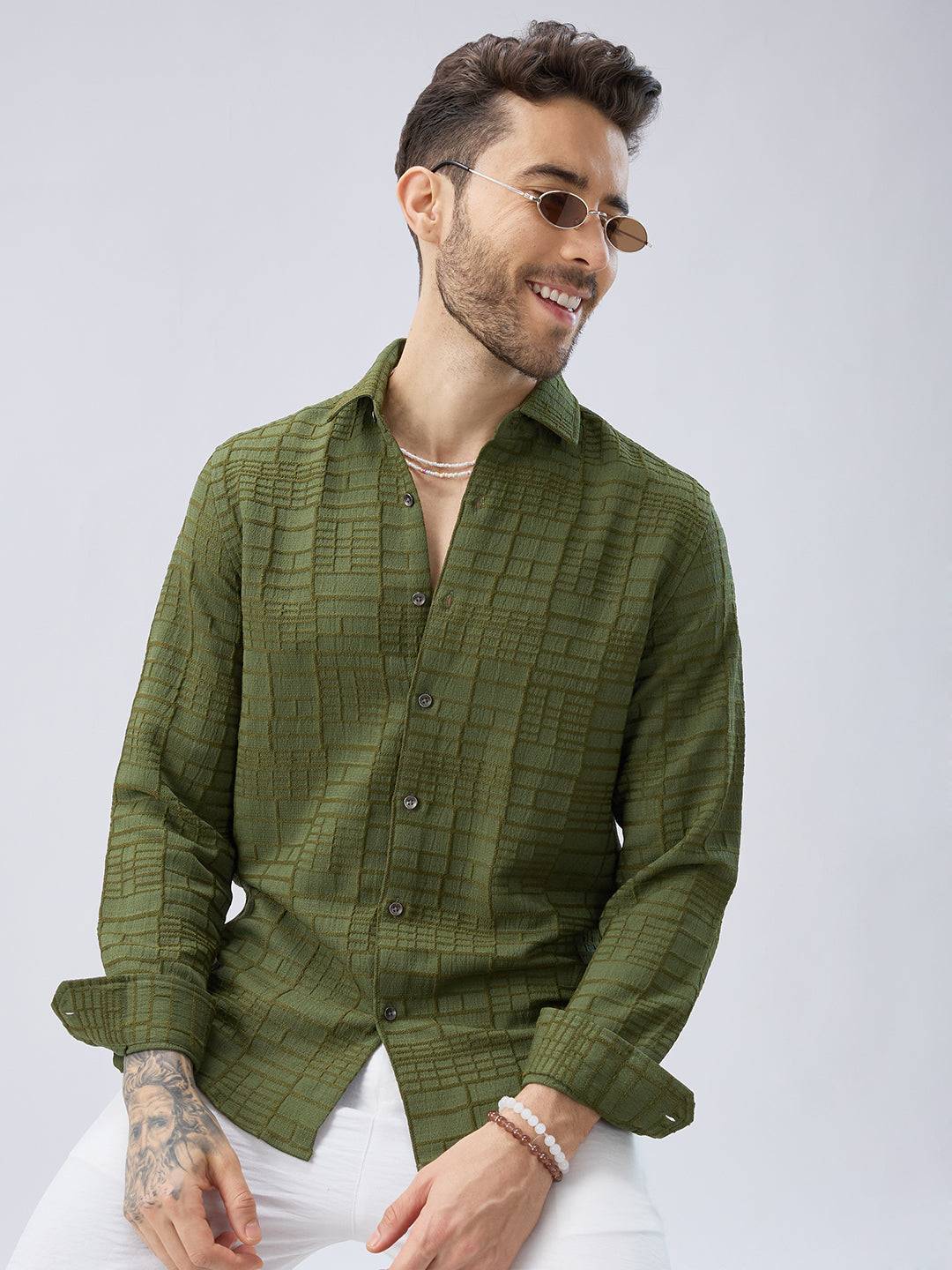 Moss Green Architectural Jacquard Weave Shirt Buy only at ₹759