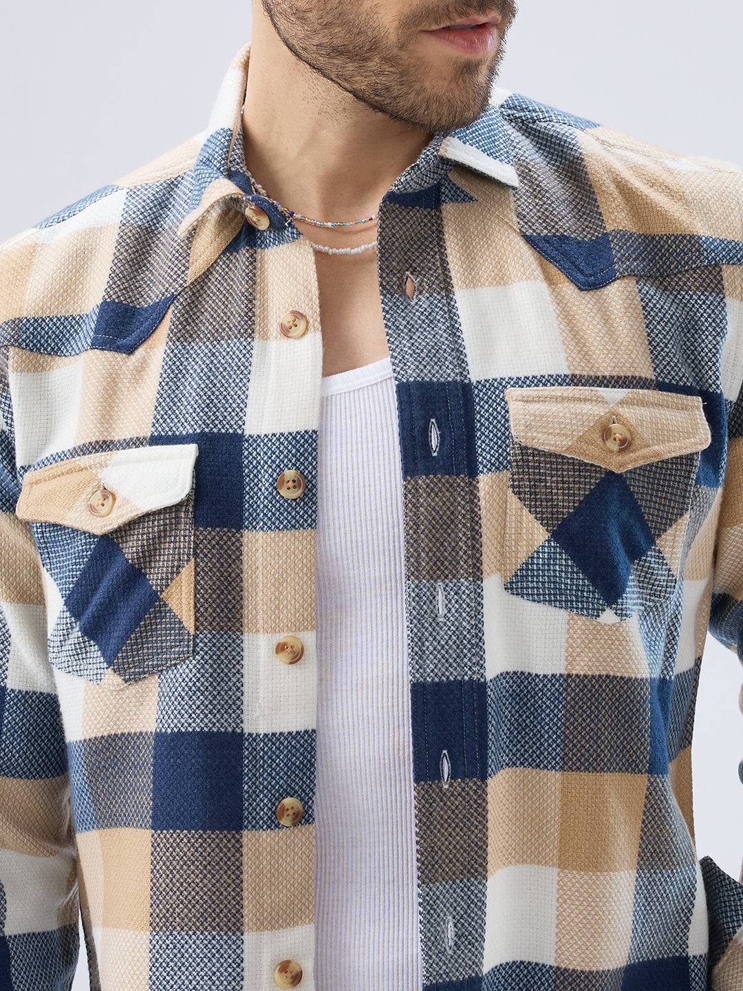 Coastal Breeze Beige Checks Flap Pockets Flannel Shirt Buy only at ₹959