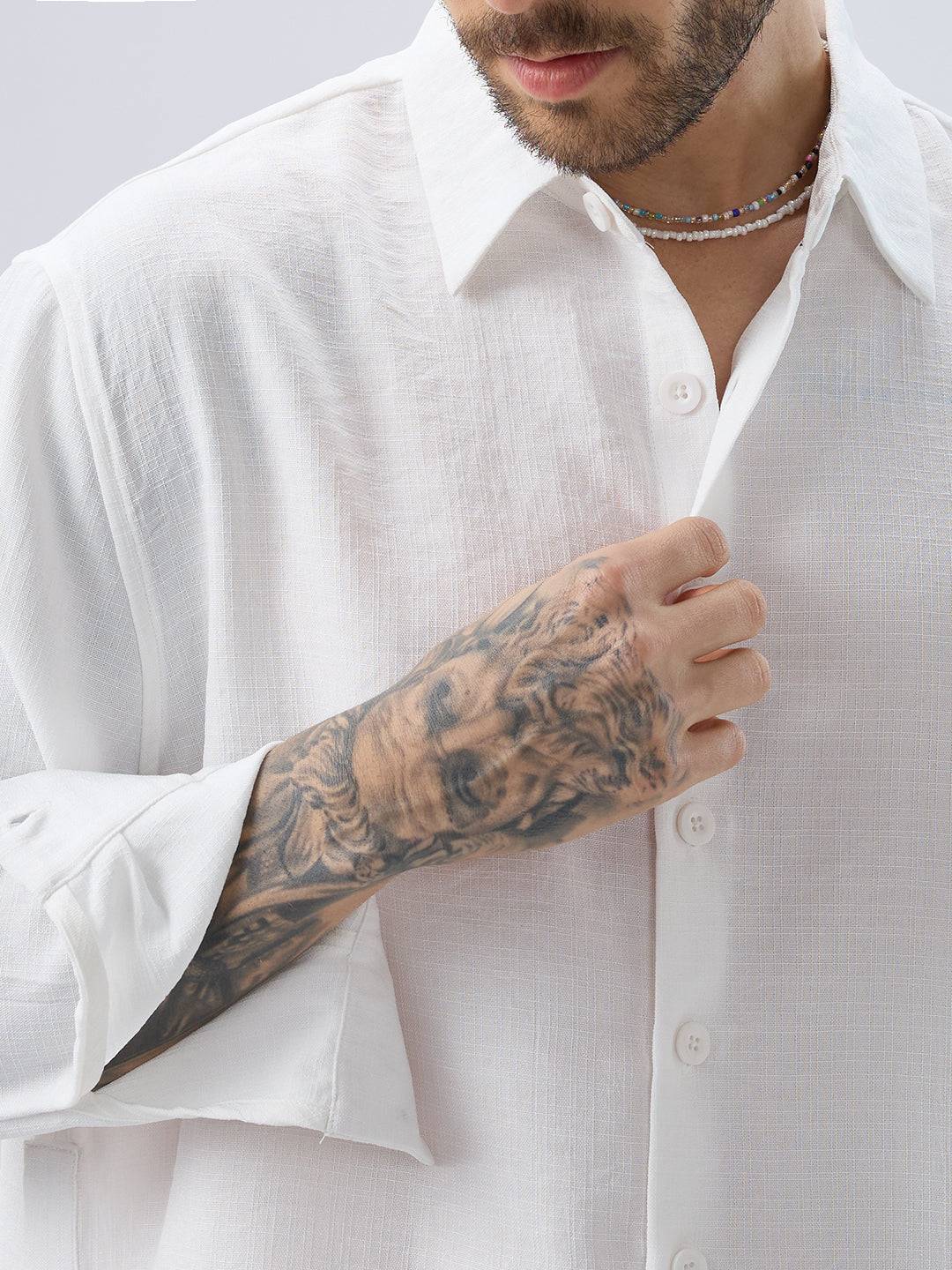 Snow White Side Slit Button Slub Textured Oversized Crop Shirt Buy only at ₹759