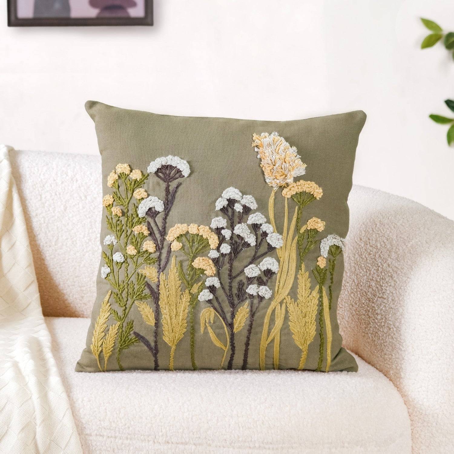 Floral Garden 3D Embroidery Linen Cushion Cover 16x16 Inch