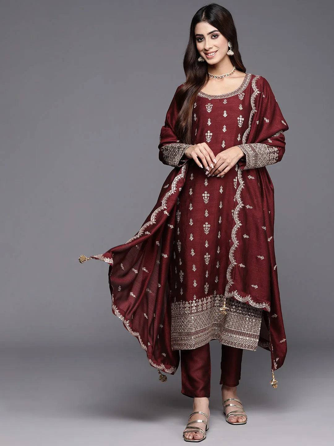 Maroon Embroidered Silk Blend Pakistani... Buy only at ₹10999