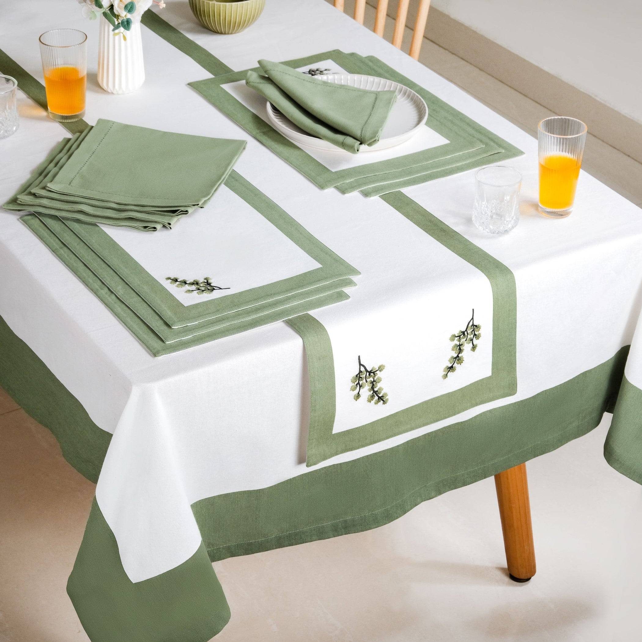 Midori Complete Table Linen Set With Mats Napkins Runners And Table Cloth In Sage Green
