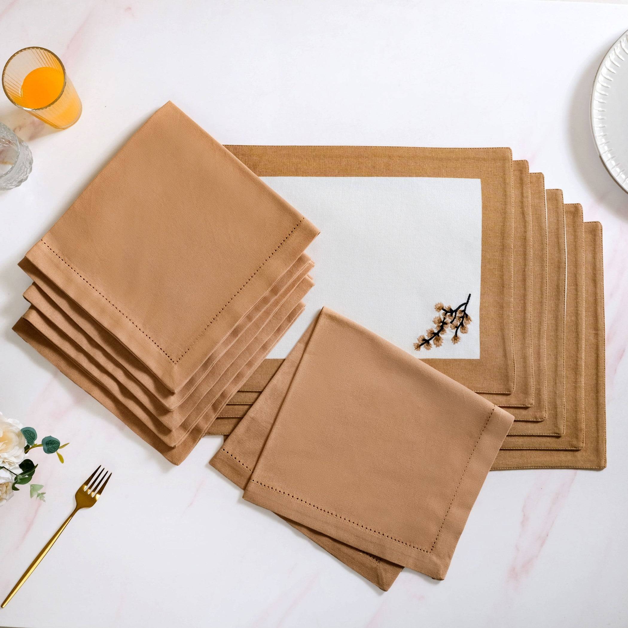 Midori Embroidered Placemats And Napkins Table Set Of 12 In Brown