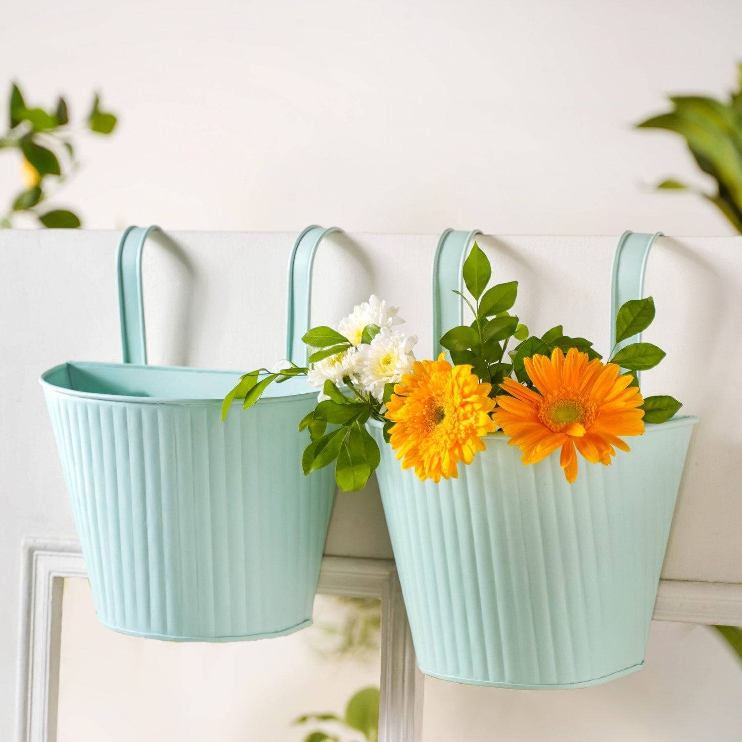 Modern Ribbed Balcony Hanging Planter Set Of 2 Mint