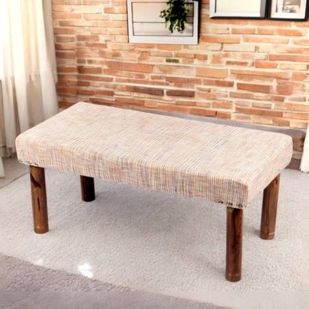 Camilla Solid Wood 2 Seater Bench In Stripe Orange Jackard Fabric