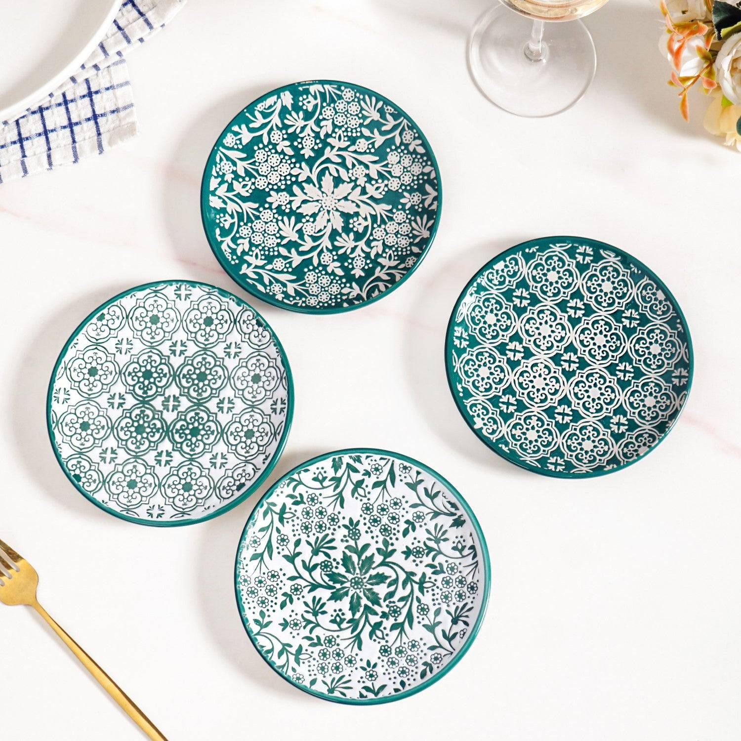 Floral Design Ceramic Dessert Plates Set Of 4 White Teal 15cm buy only at ₹1050