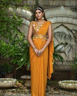 Charming Lycra Mustard Saree with Designer Blouse