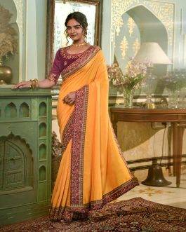 Heavy Embroidered With Lace Work Mustard Saree