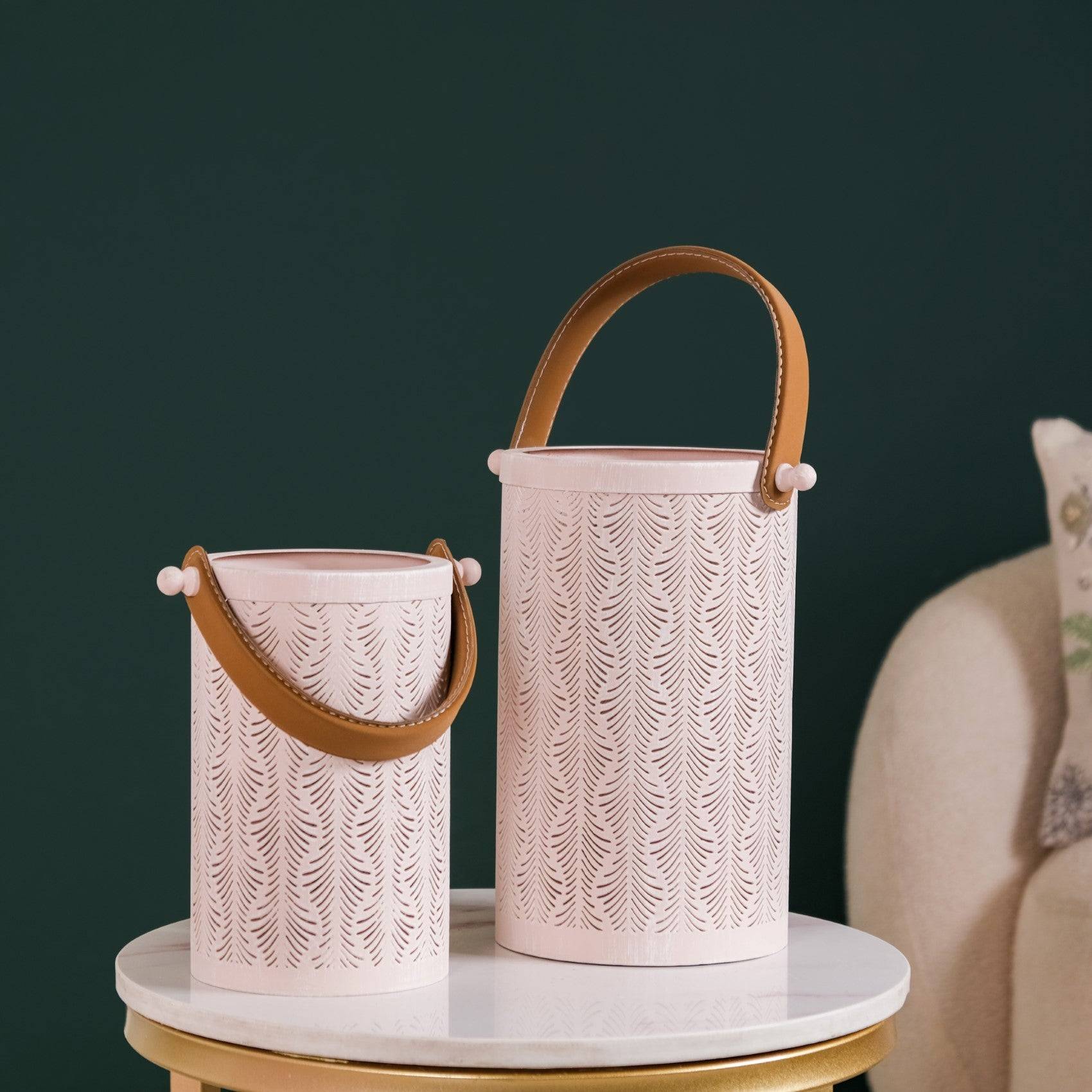 Muted Baby Pink Metal Cutwork Hurricane Lantern Set Of 2