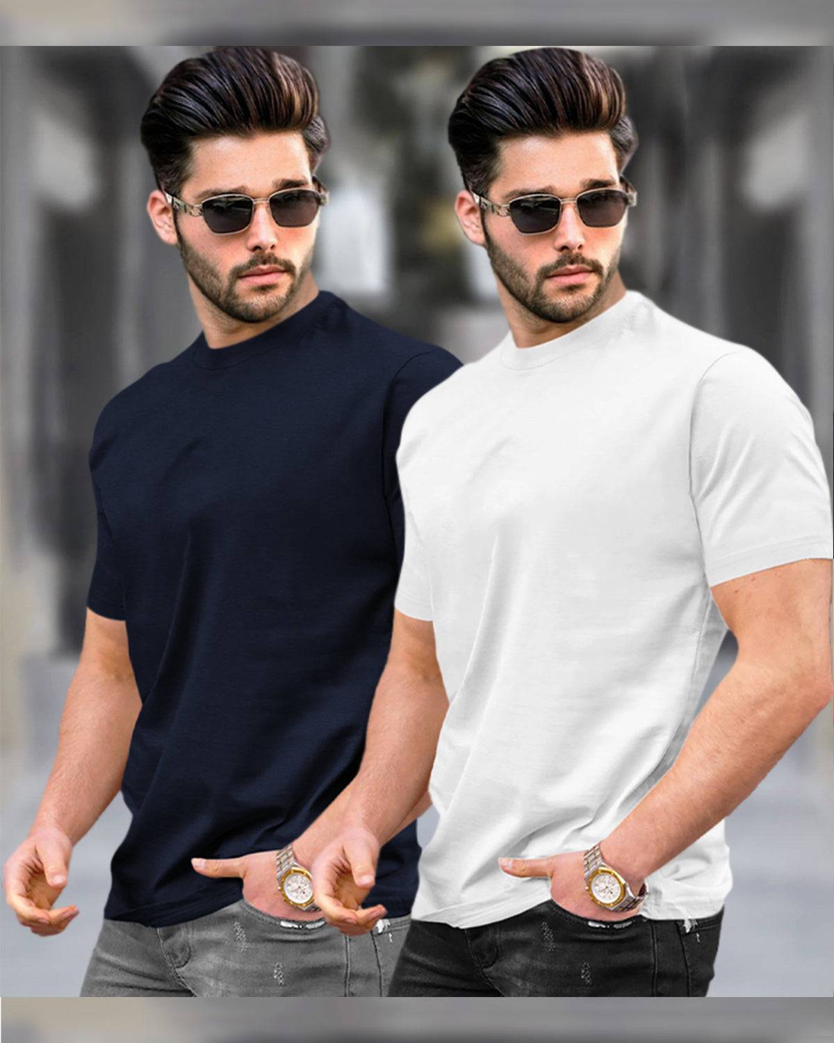 Mens Half Sleeve Plain Round Neck T-shirts (Pack Of 2) / Navy & White