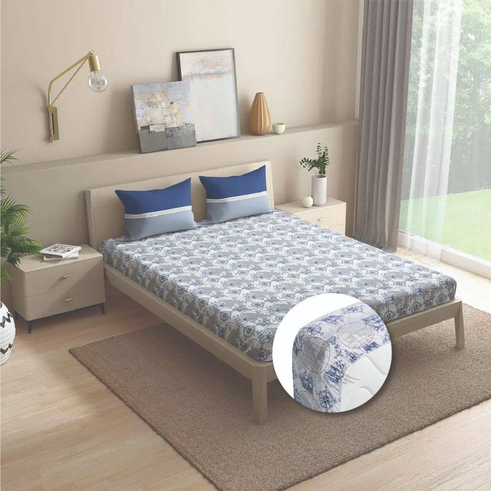 100% Cotton 200 TC Fitted Bedsheet With 1 Pillow Cover | Nautical (72x30 inch)