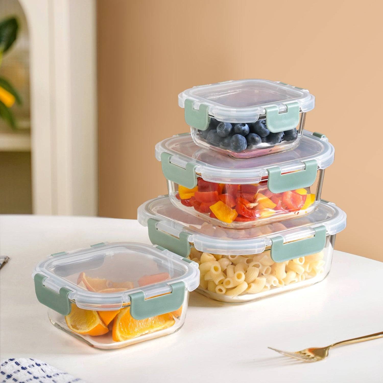 Nestro Airtight Food Storage Square Container Set Of 4 Green S 300ml M 500ml L 800ml XL 1200ml