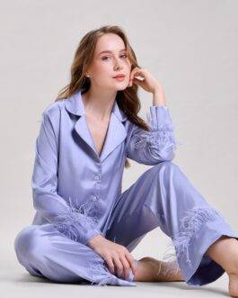 Luxury Tiffany Blue Satin Nightsuit with Feather Cuffs, Glamorous Sleepwear