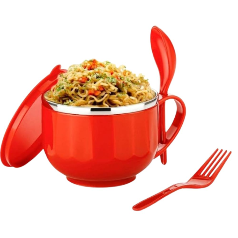 Stainless Steel Maggie & Soup Bowl – Noodle & Food Container with Airtight Lid, Handle, Spoon Holder, Spoon & Fork for Kitchen & Picnic(Random color-Pack of 1) Buy @ ₹199