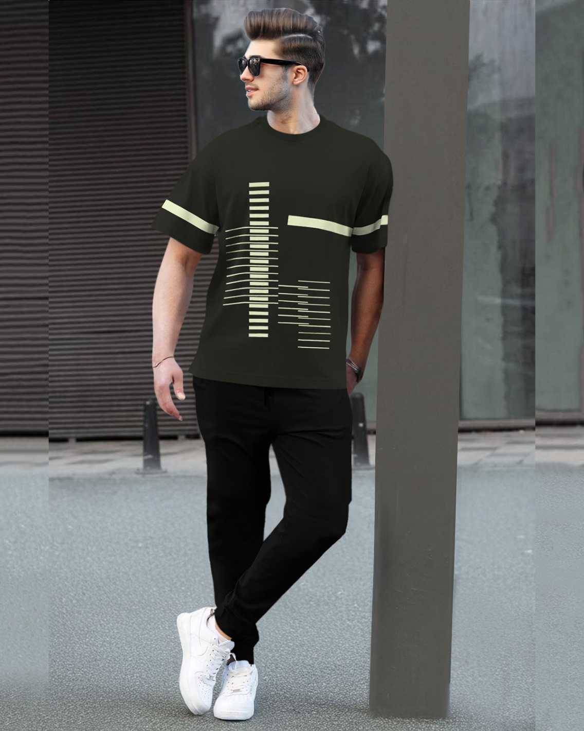 Track Suit Half Sleeve Olive Green Printed T-shirt with Plain Black Trackpant