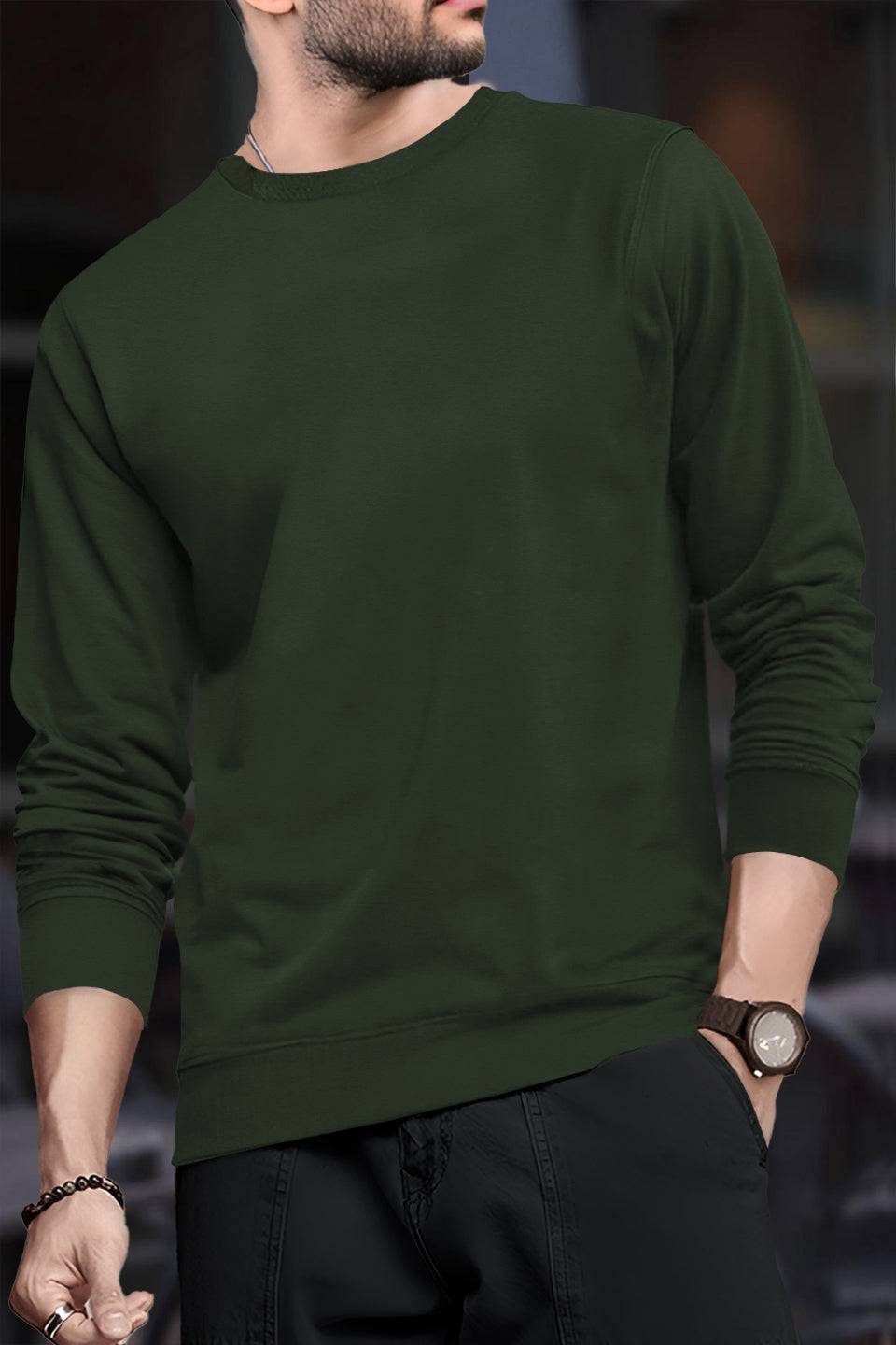 Mens Full Sleeve Round Neck Olive Green T-shirt