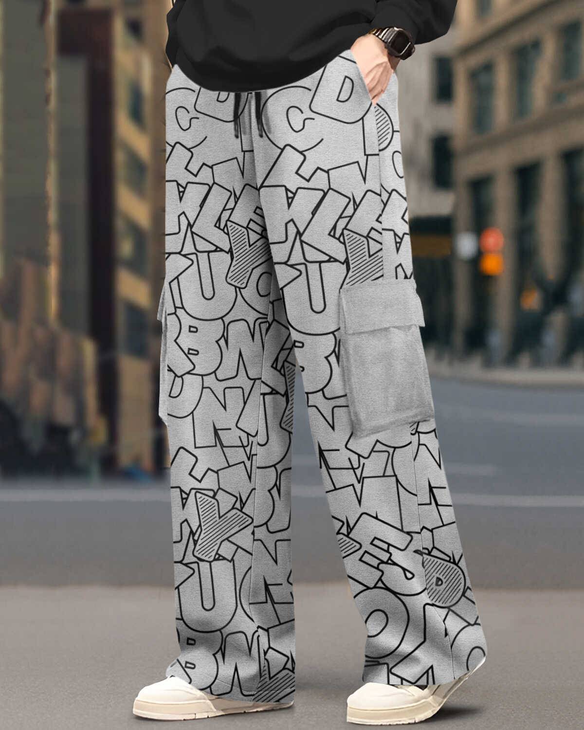 Mens Multi Pockets All Over Printed Baggy fit oversized Cargo Jogger Grey