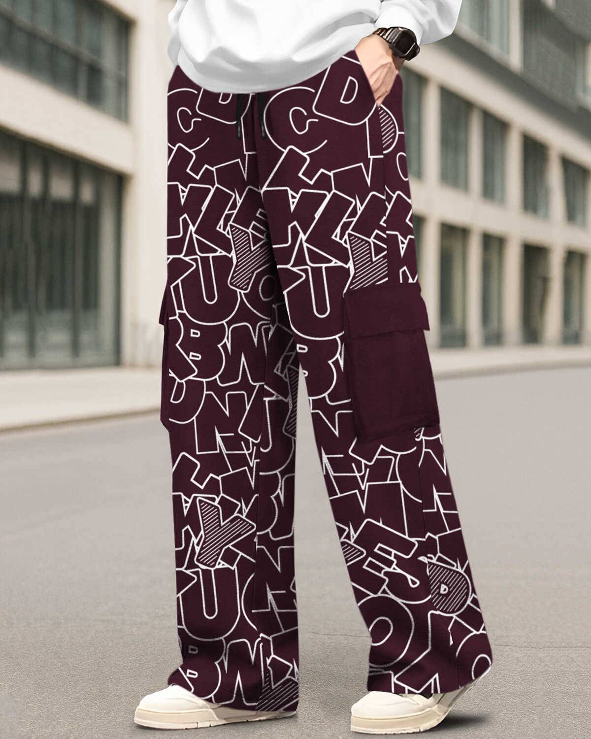 Mens Multi Pockets All Over Printed Baggy fit oversized Cargo Jogger Maroon