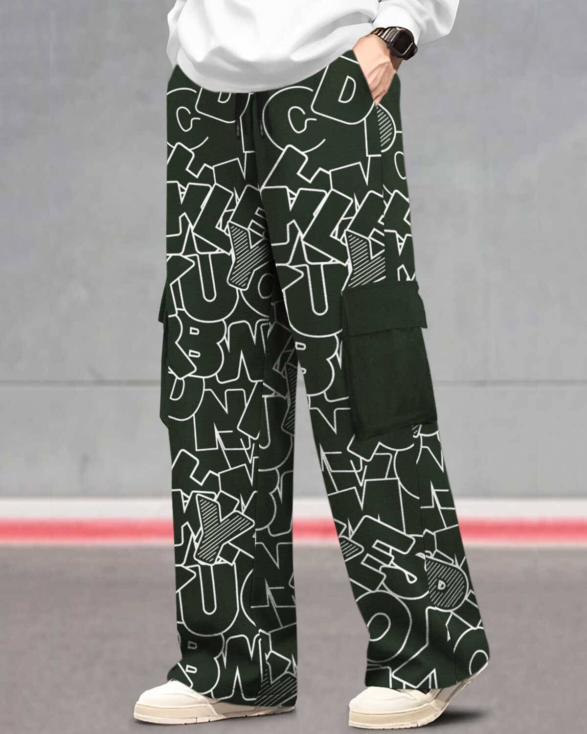 Mens Multi Pockets All Over Printed Baggy fit oversized Cargo Jogger Olivegreen