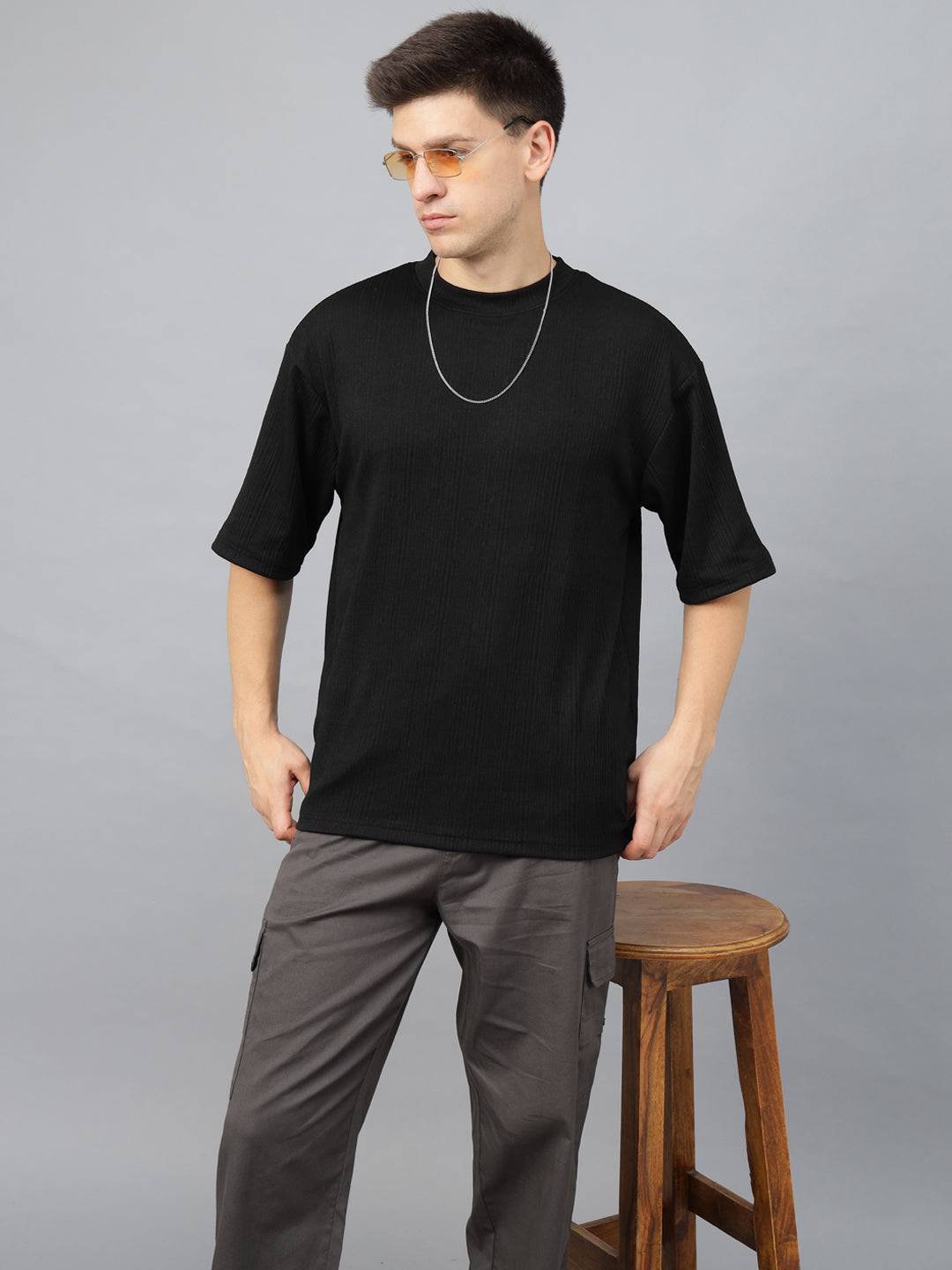 Black Textured Plain Oversized Exclusive T-shirt