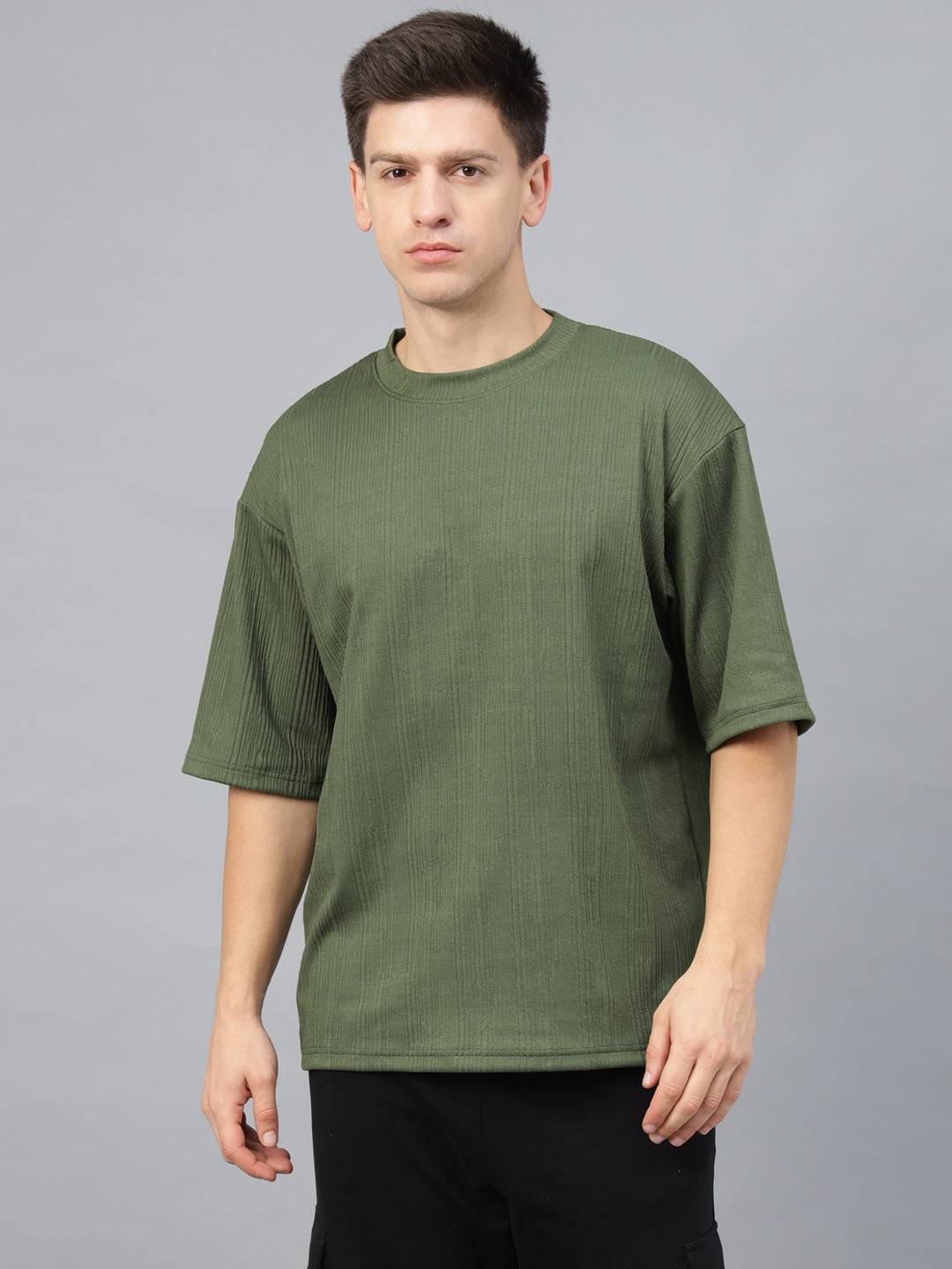Olive Textured Plain Oversized Exclusive T-shirt