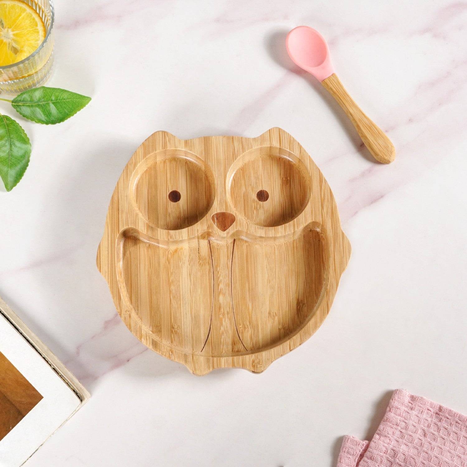 Owl Suction Base All Natural Bamboo Divided Plate Silicon Spoon Set