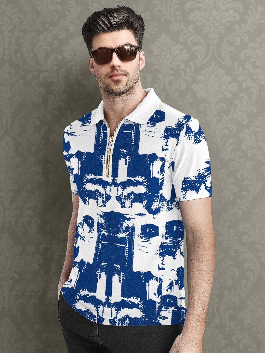 Half Sleeve Zip Type Printed Polo T-shirt White & Blue