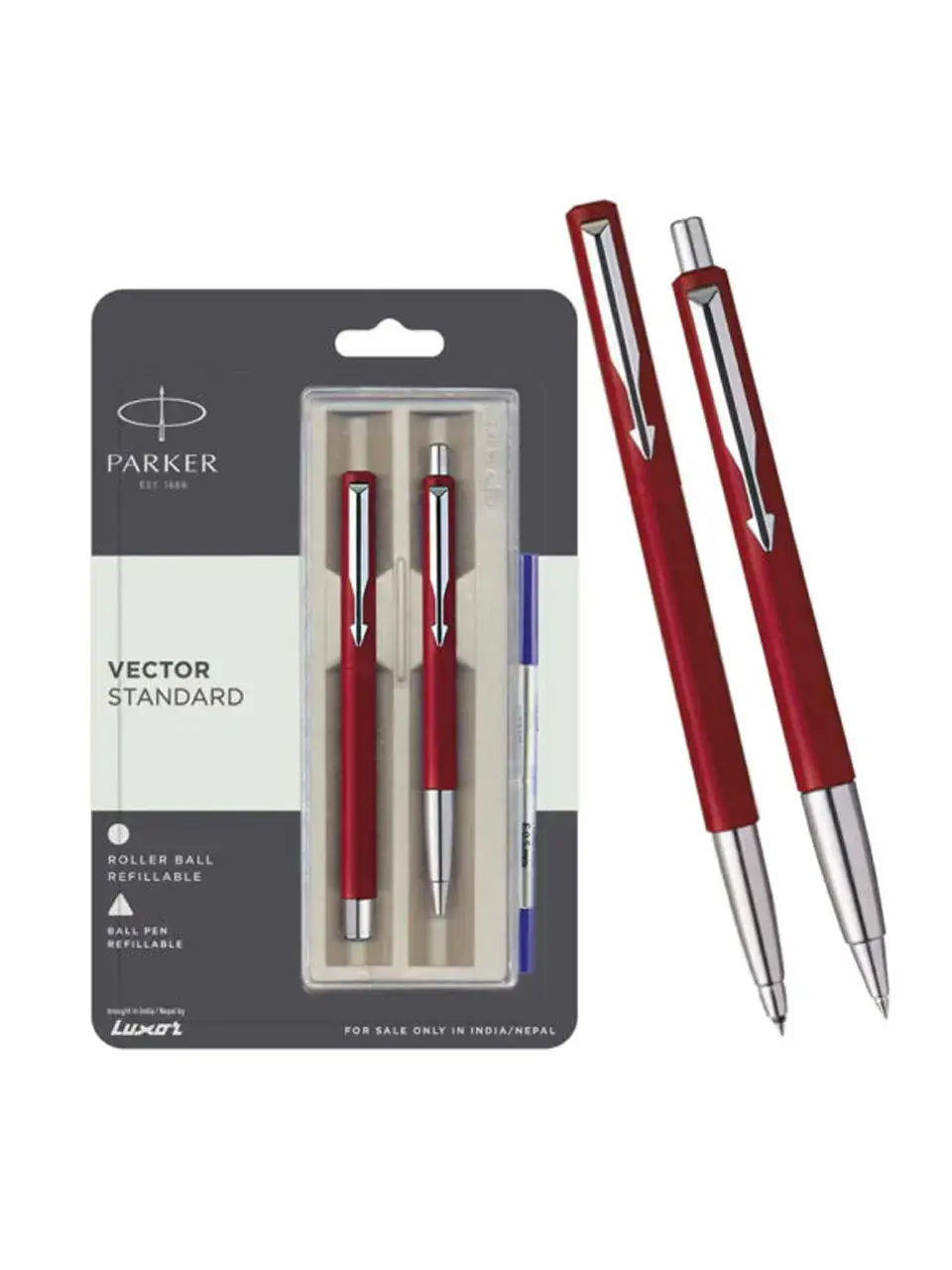 Parker Vector Standard Red Chrome Trim Roller Ball Pen + Ball Pen Set Buy @ ₹630