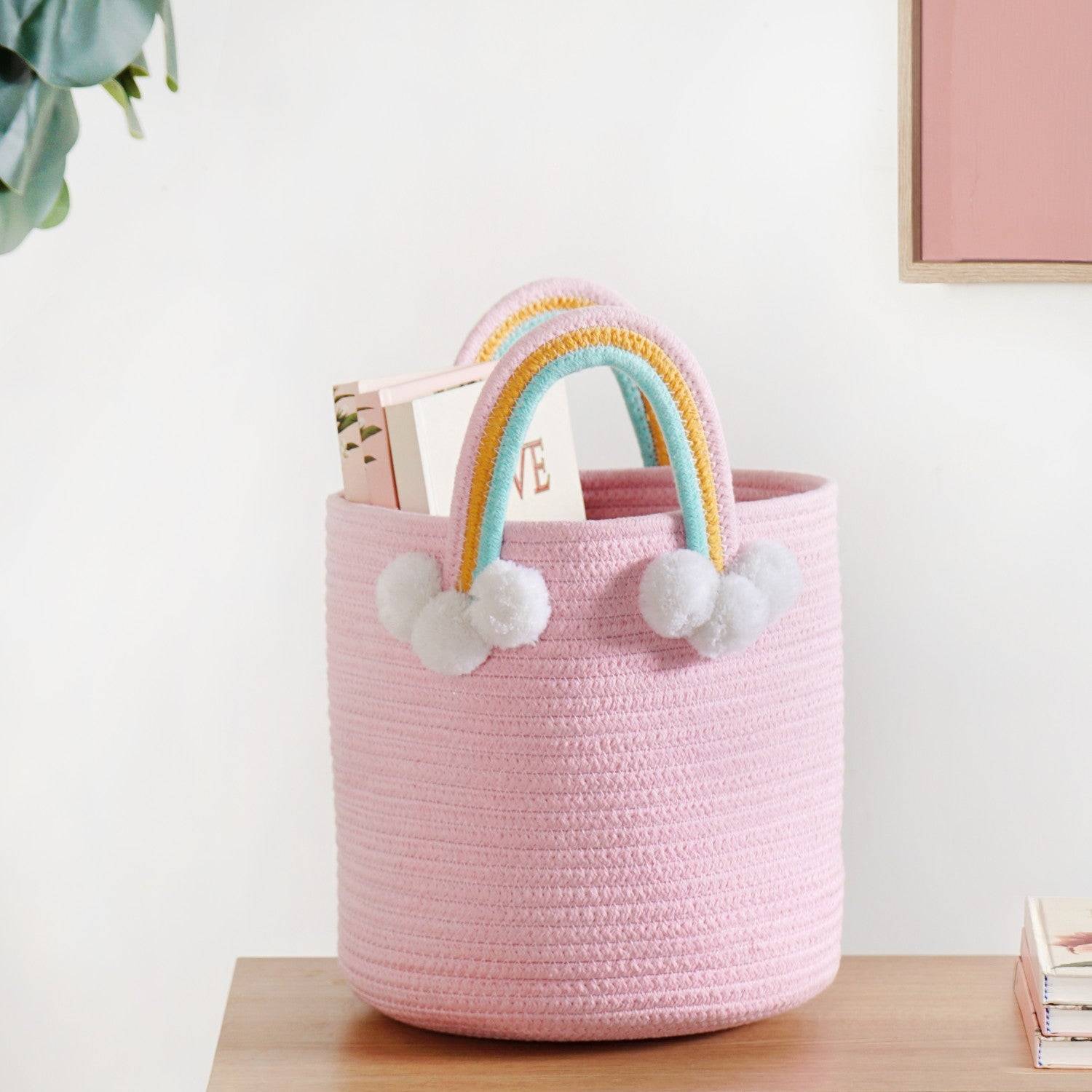 Pink Basket With Rainbow Handles 26cm