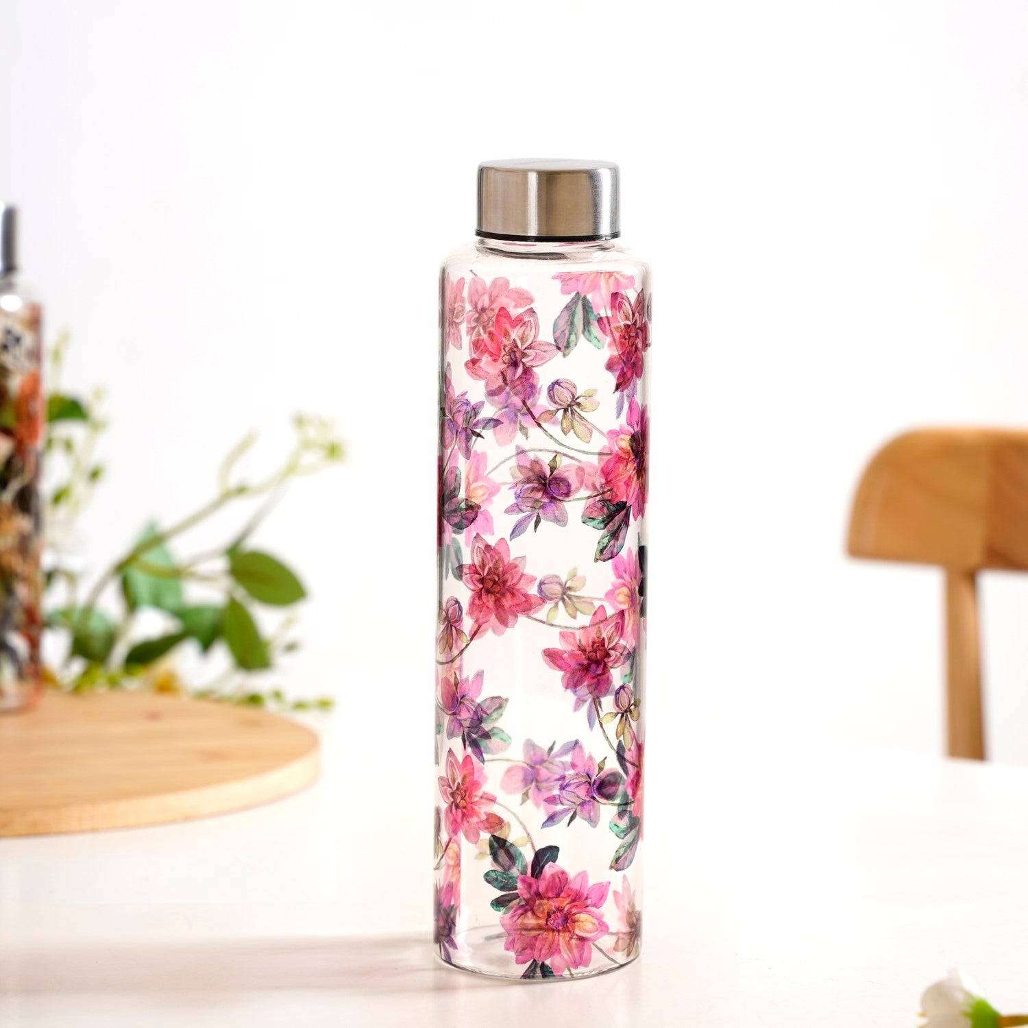 Pink Lotus Borosilicate Glass Leakproof Water Bottle 1000ml buy only at ₹1090