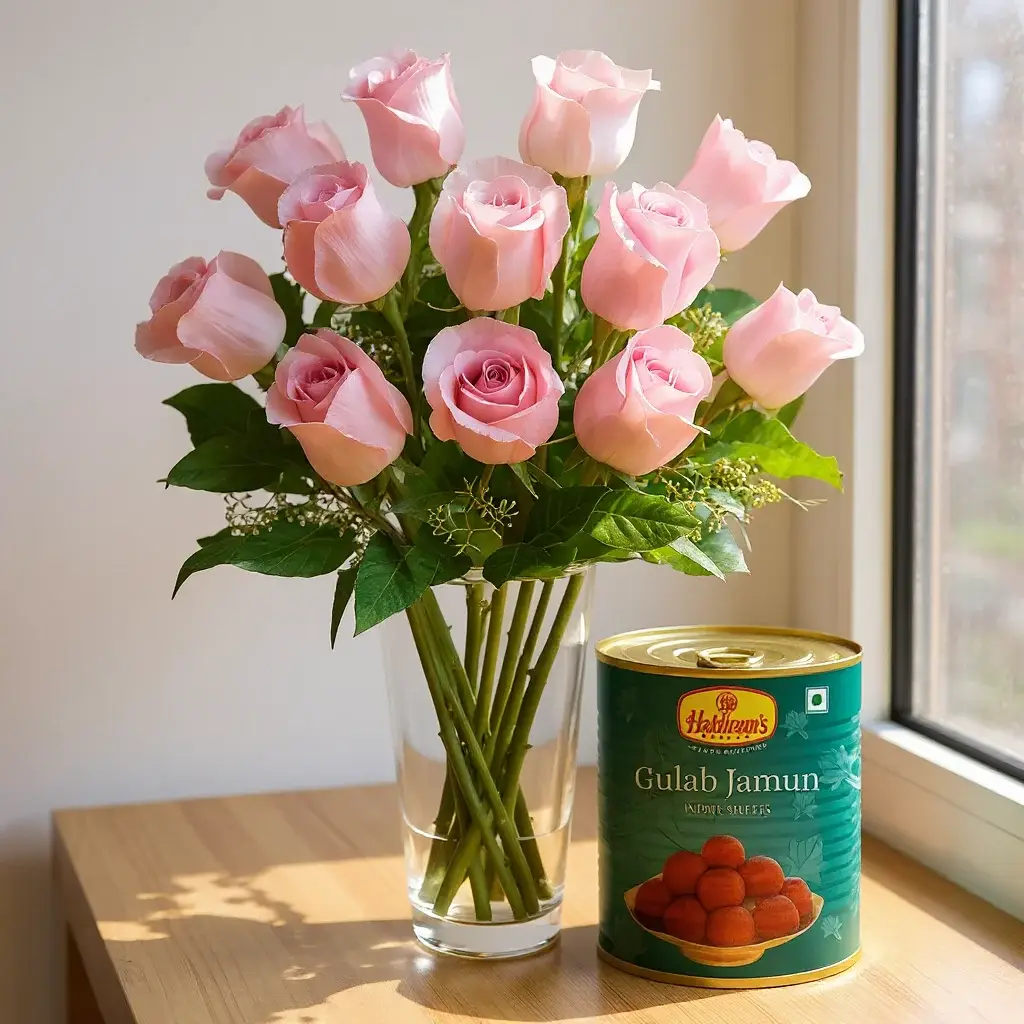 Pink Roses In a glass vase & Gulab Jamun