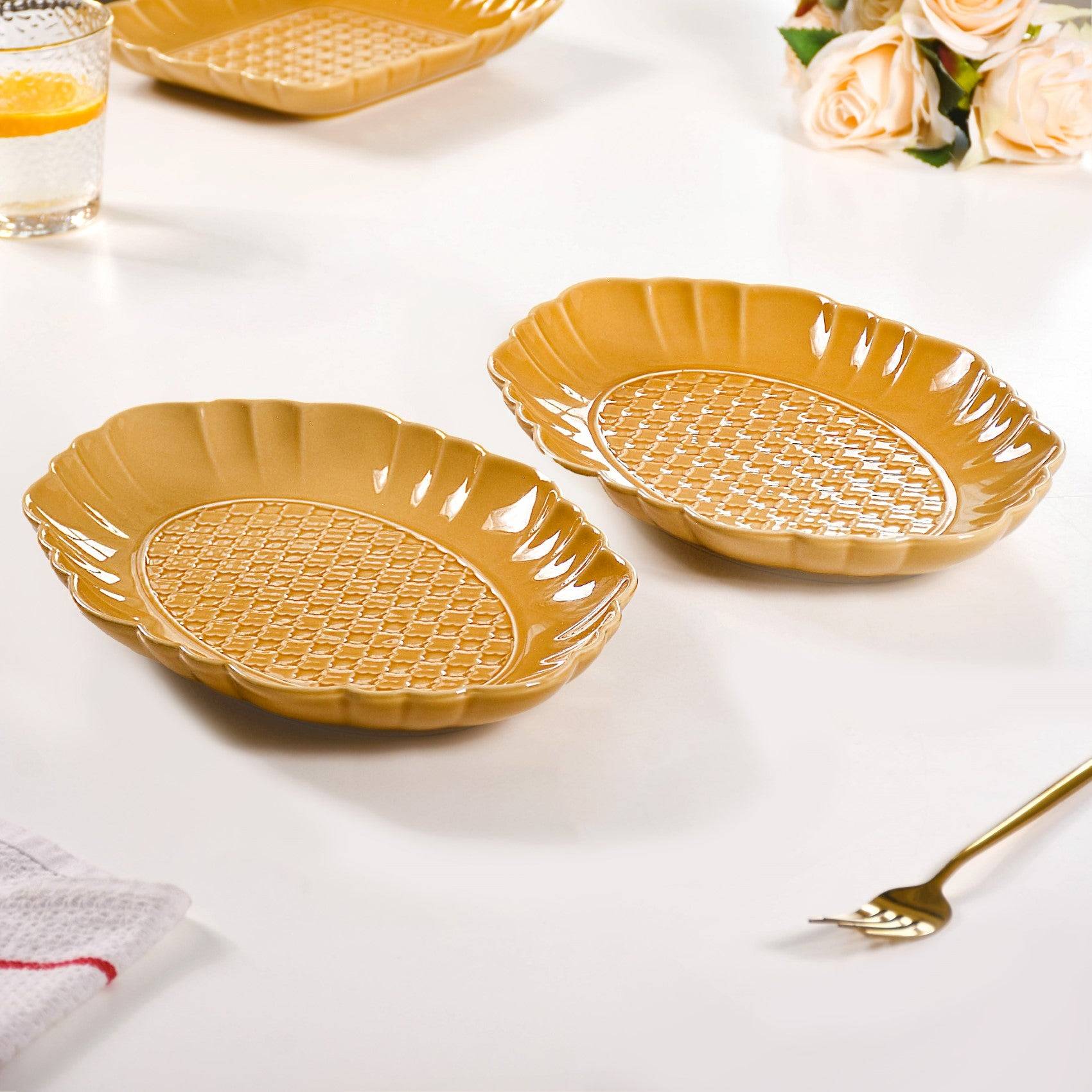 Exotic Moroccan Motif Platter Yellow Ochre Set Of 2 12 Inch